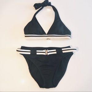 Jag black, tan and white striped belted bikini